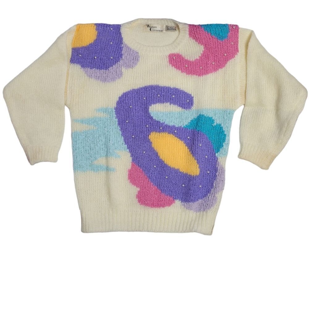 VINTAGE 90s pastel paisley beaded‎ pullover kawaii sweater S